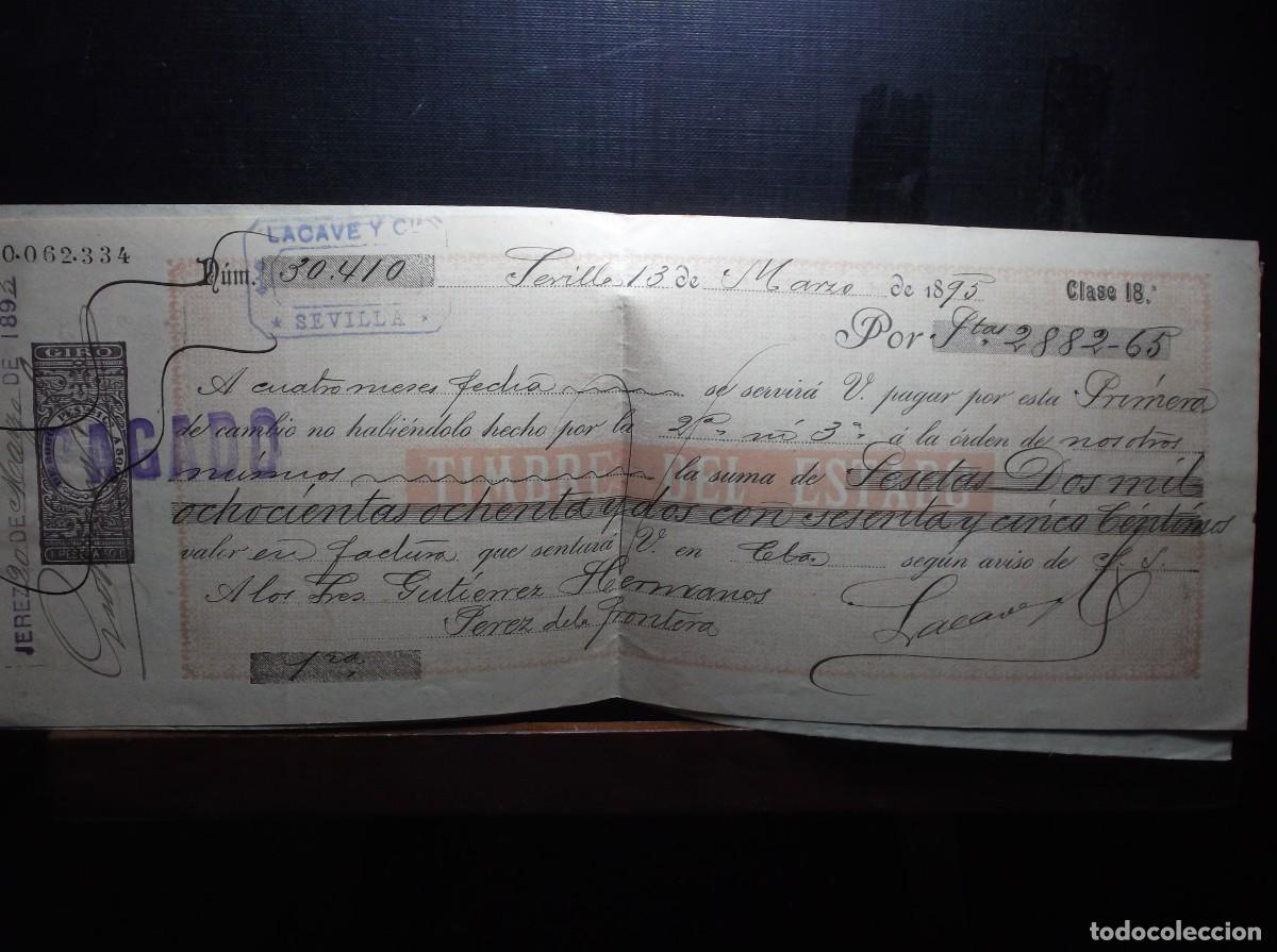 Documentos bancarios: DOCUMENTO DE CAMBIO OFICIAL DE LACAVE Y Cia. - SEVILLA - 1895.