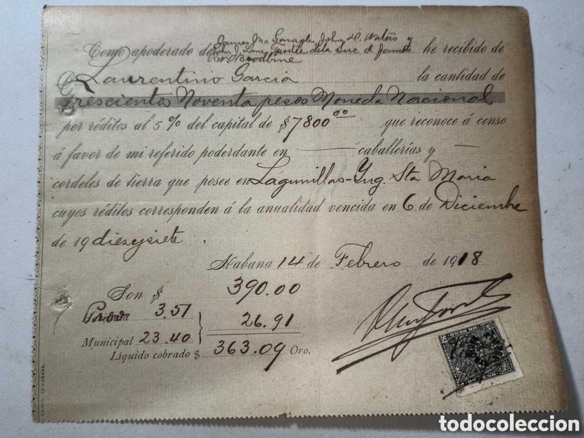 Documentos bancarios: Cuba,recibo de pago con sello de 1 peso serie mapitas ,a&ntilde;o 1918