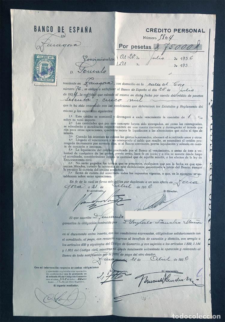 Documentos bancarios: P&Oacute;LIZA CR&Eacute;DITO BANCO ESPA&Ntilde;A ZARAGOZA / CON VENCIMIENTO 20-JULIO-1936 / GUERRA CIVIL