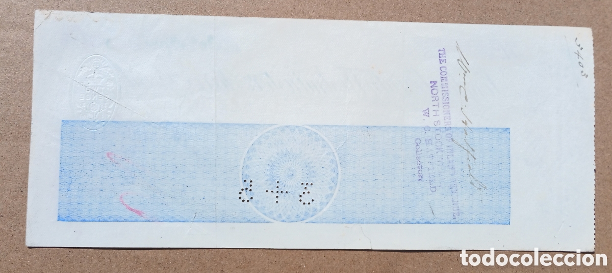 Documentos bancarios: Cheque Banco London County Westminster 1919 - Foto 3