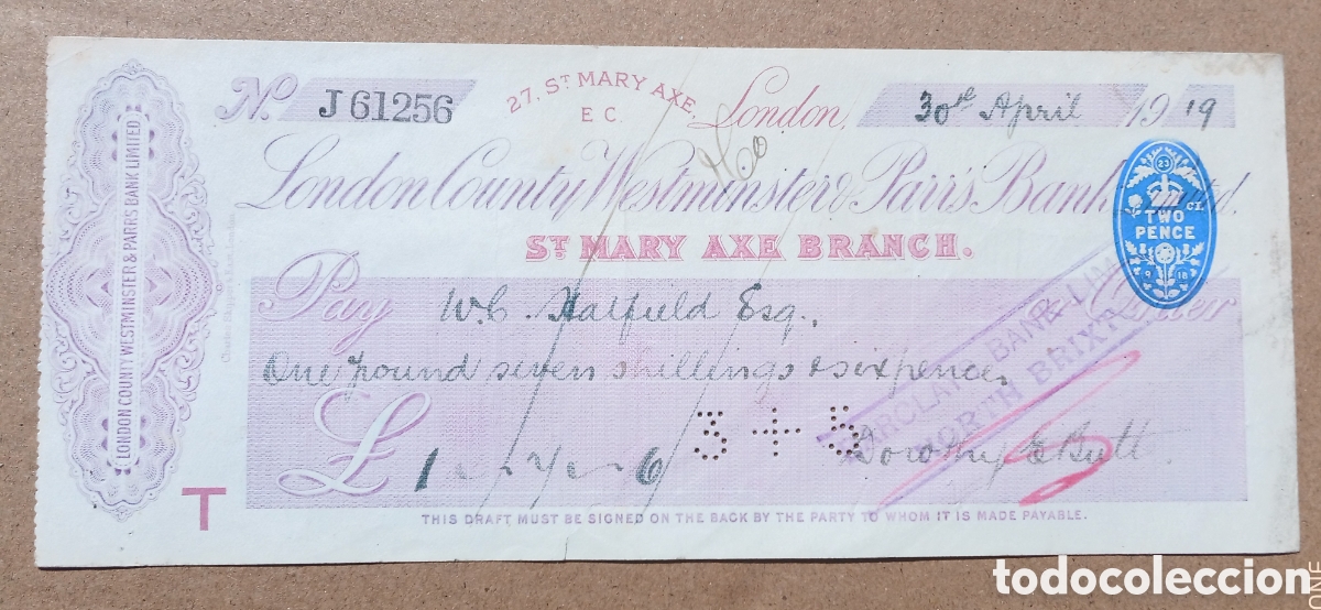 Documentos bancarios: Cheque Banco London County Westminster 1919 - Foto 1