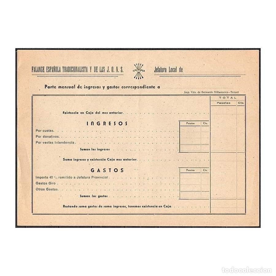 Documentos bancarios: Espa&ntilde;a 1940-49 [DOC] FET de las JONS. Parte de Ingresos y gastos (N)