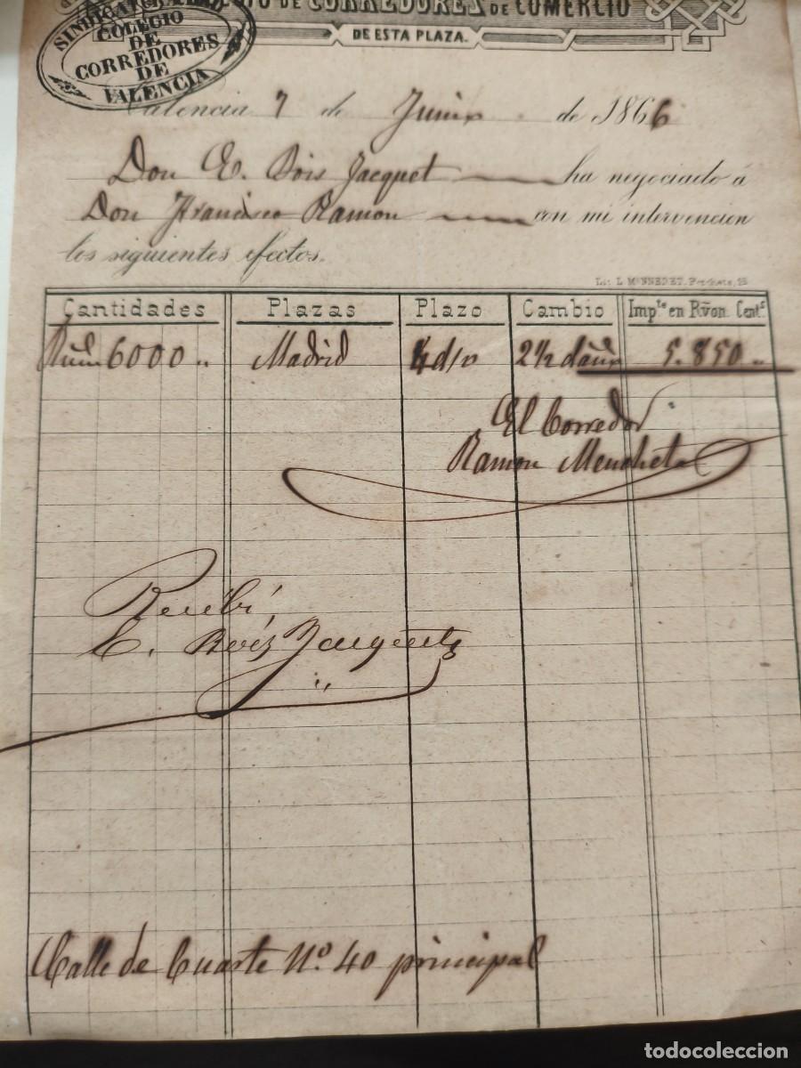 Documentos bancarios: 6 documentos COLEGIO DE CORREDORES DE COMERCIO VALENCIA 1860 1866. - Foto 3