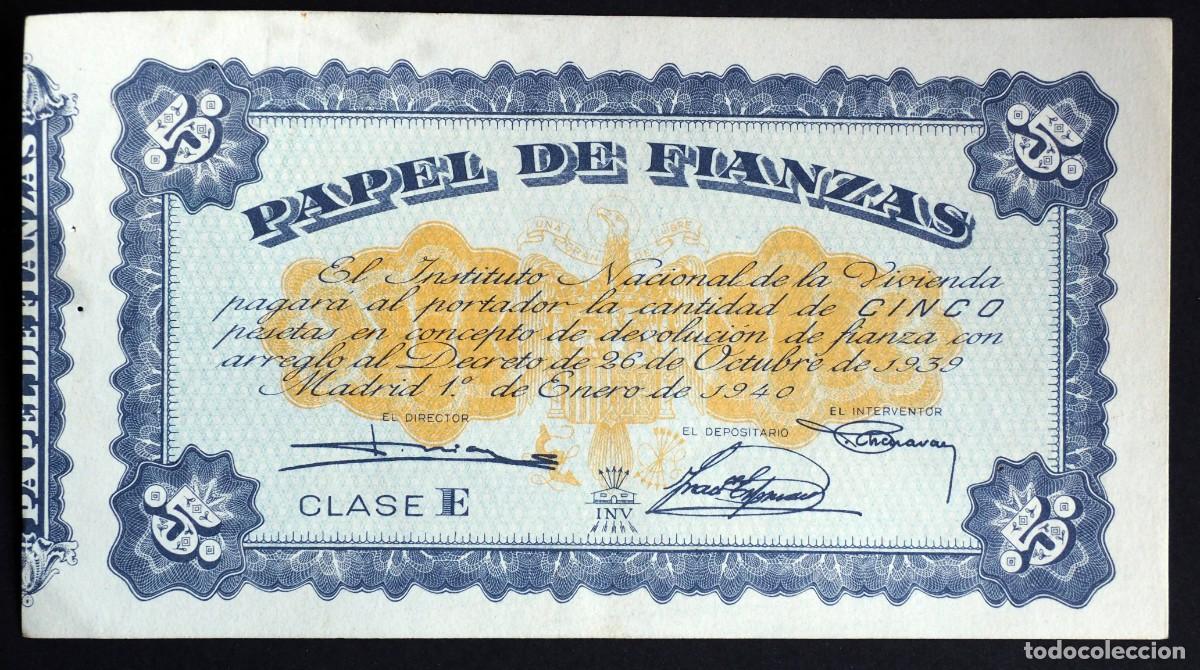 Documentos bancarios: PAPEL DE FIANZAS INSTITUTO NACIONAL DE LA VIVIENDA. PAGARE DE 5 PESETAS. 1 DE ENERO DE 1940