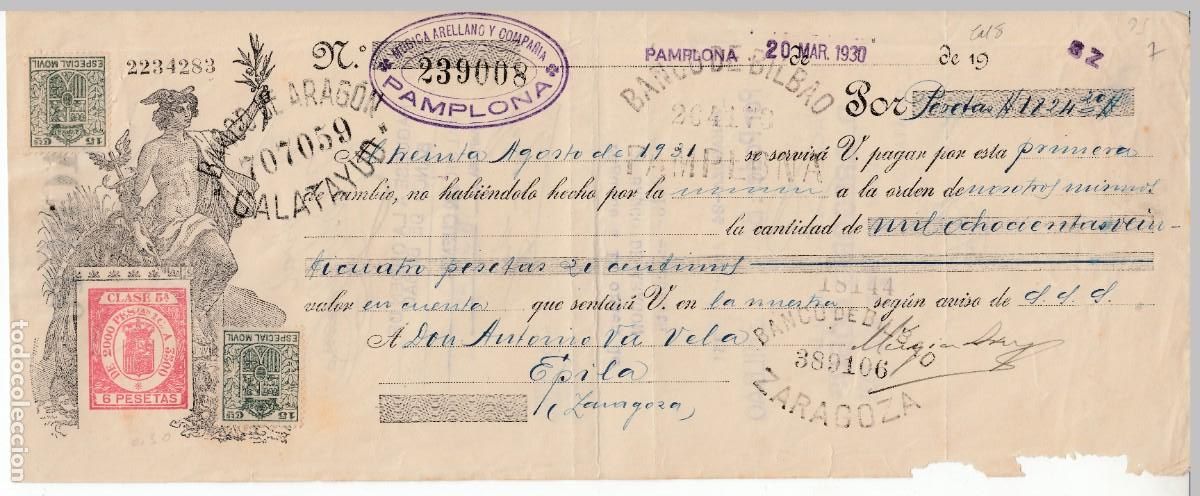 Documentos bancarios: 1930 LETRA CAMBIO CLASE 5&ordf; 6 PTS SERIE DE 1926. MUGICA ARELLANO PAMPLONA EPILA (ZARAGOZA)