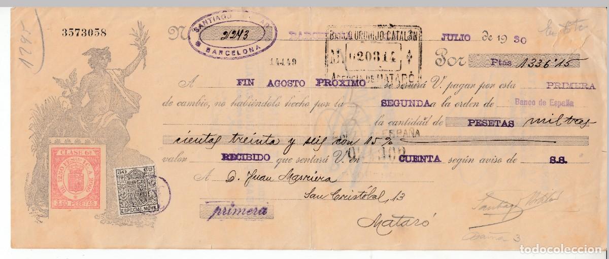 Documentos bancarios: 1930 LETRA CAMBIO CLASE 6&ordf; 3,6 PTS SERIE DE 1926. BANCO URQUIJO CATALAN MATARO