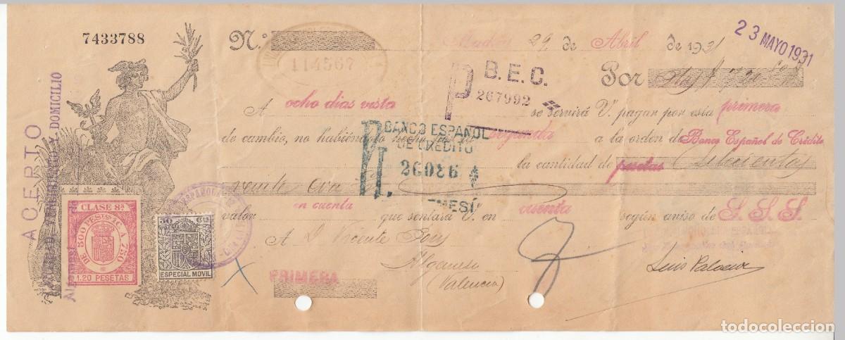 Documentos bancarios: 1931 LETRA CAMBIO CLASE 8&ordf; 1,2 PTS SERIE DE 1926. UNION ALCOHOLERA ESPA&Ntilde;OLA