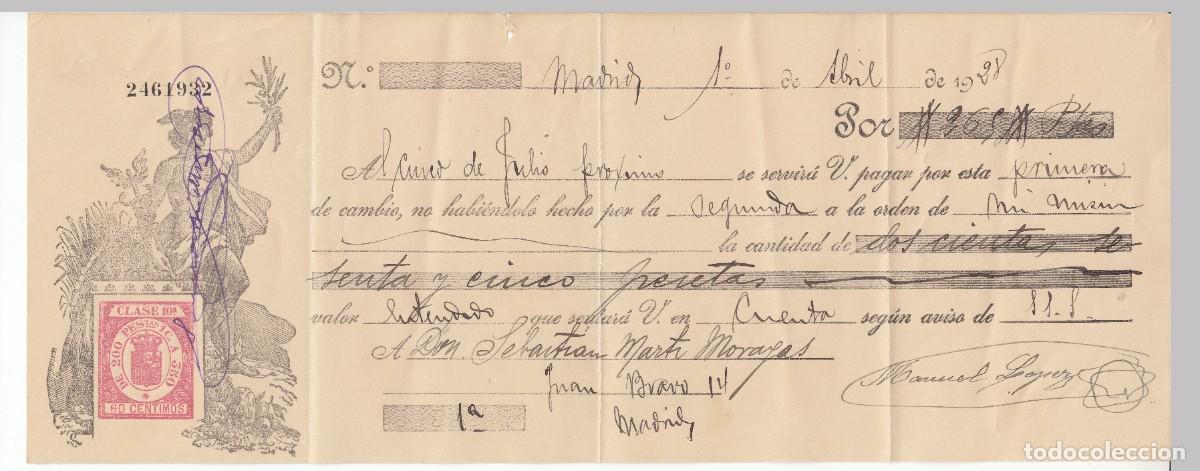 Documentos bancarios: 1928 LETRA CAMBIO CLASE 10&ordf; 60 CTS PTS SERIE DE 1926.