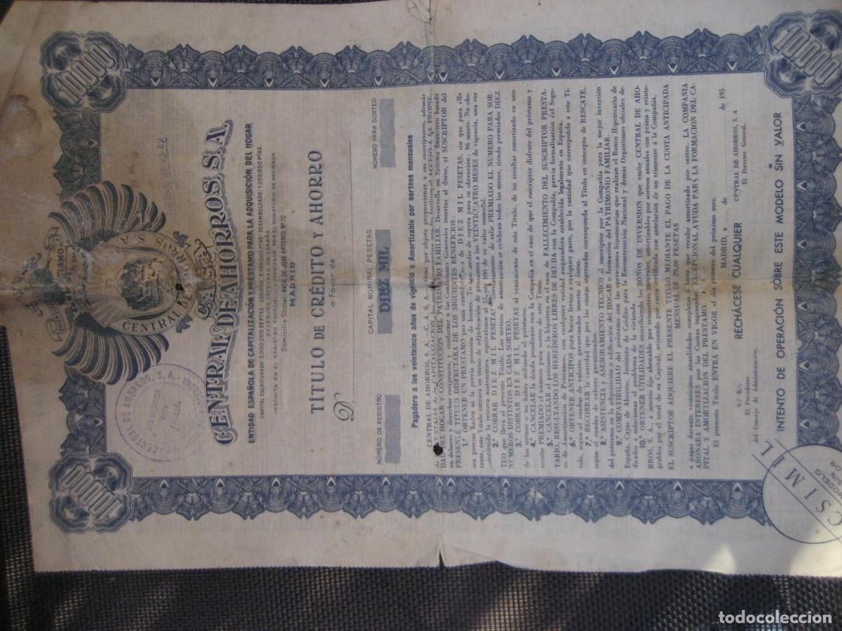 Documentos bancarios: T&iacute;tulo de credito y Ahorro . Central de Ahorros SA a&ntilde;os 50
