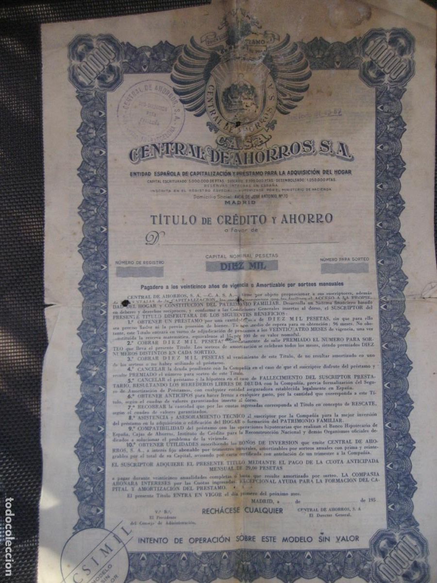 Documentos bancarios: T&iacute;tulo de credito y Ahorro . Central de Ahorros SA a&ntilde;os 50