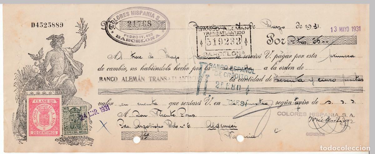Documentos bancarios: 1931 LETRA CAMBIO CLASE 12&ordf; 20 CTS PTS SERIE DE 1926. COLORES HISPANIA BARCELONA BANCO ALEMAN TRANSA