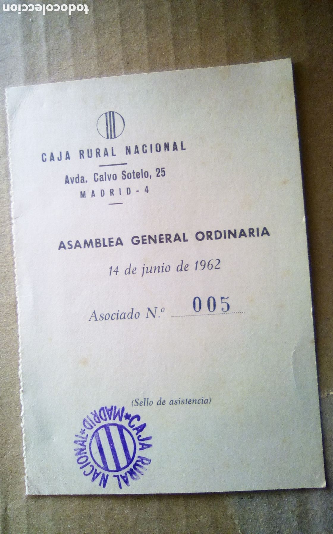 Documentos bancarios: Tarjeta de asociado Caja Rural Nacional. Asamblea general ordinaria 14-02-1962.