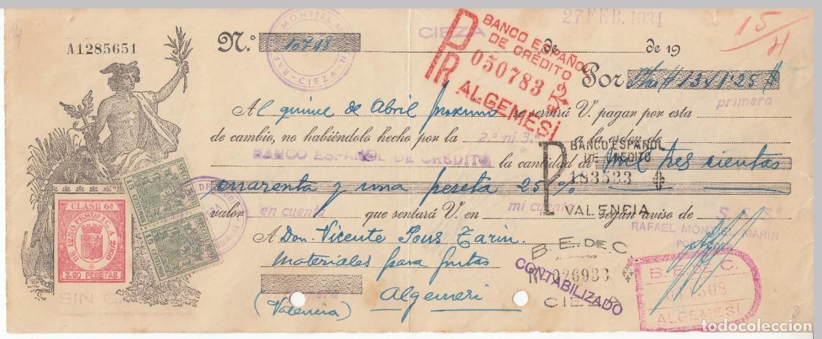 Documentos bancarios: 1934 LETRA CAMBIO CLASE 6&ordf; 3,6 PTS SERIE DE 1932. REPUBLICA ESPA&Ntilde;OLA. RAFAEL MONTIEL MARIN CIEZA