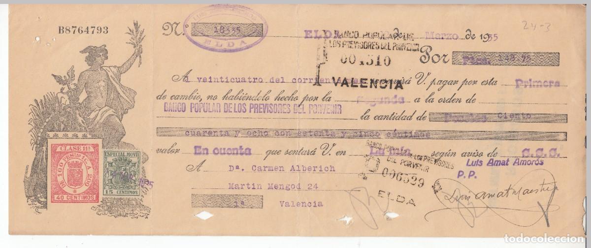 Documentos bancarios: 1935 LETRA CAMBIO CLASE 11&ordf; 40 CTS SERIE DE 1932. REPUBLICA ESPA&Ntilde;OLA. LUIS AMAT AMOROS ELDA