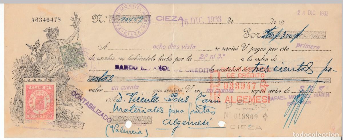 Documentos bancarios: 1933 LETRA CAMBIO CLASE 10&ordf; 60 CTS SERIE DE 1932. REPUBLICA ESPA&Ntilde;OLA. RAFAEL MONTIEL MARIN CIEZA