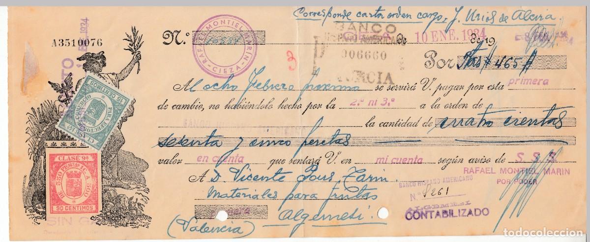 Documentos bancarios: 1934 LETRA CAMBIO CLASE 9&ordf; 90 CTS SERIE DE 1932. REPUBLICA ESPA&Ntilde;OLA. RAFAEL MONTIEL MARIN CIEZA