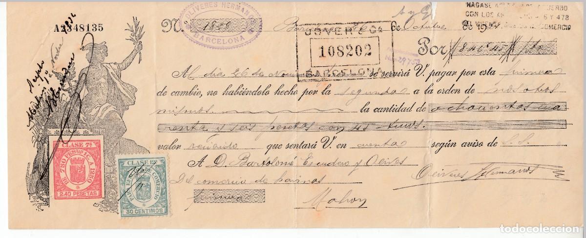 Documentos bancarios: 1934 LETRA CAMBIO CLASE 7&ordf; 2,40 PTS SERIE DE 1932. REPUBLICA ESPA&Ntilde;OLA. OLIVERES HERMANOS BARCELONA
