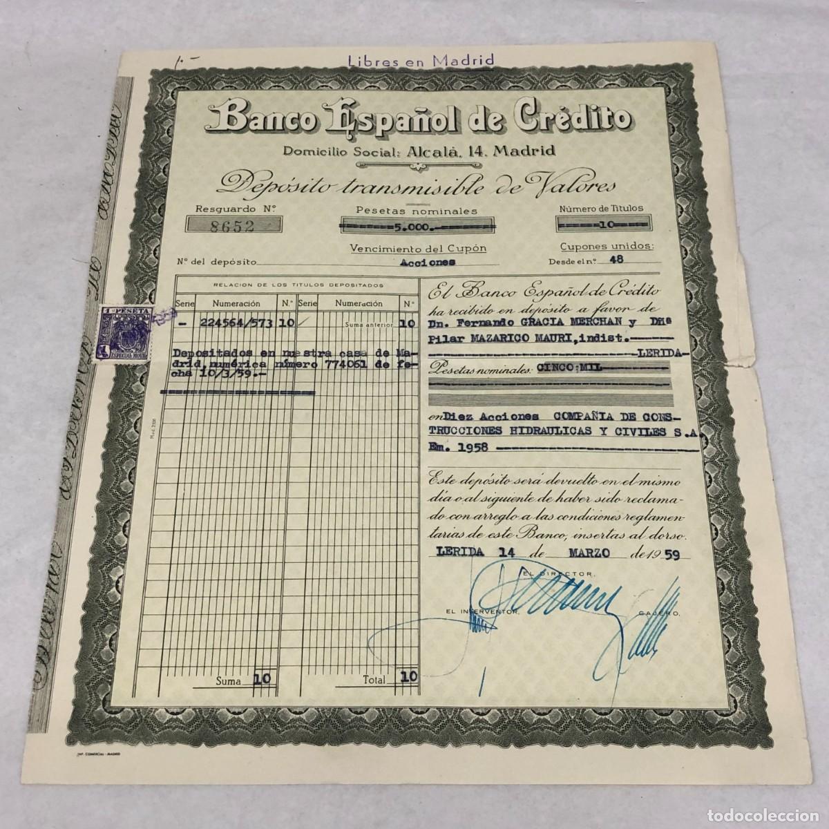 Documentos bancarios: DEP&Oacute;SITO TRANSMISIBLE DE VALORES - BANCO ESPA&Ntilde;OL DE CR&Eacute;DITO - 10 ACCIONES - LERIDA, 1959 / 1132