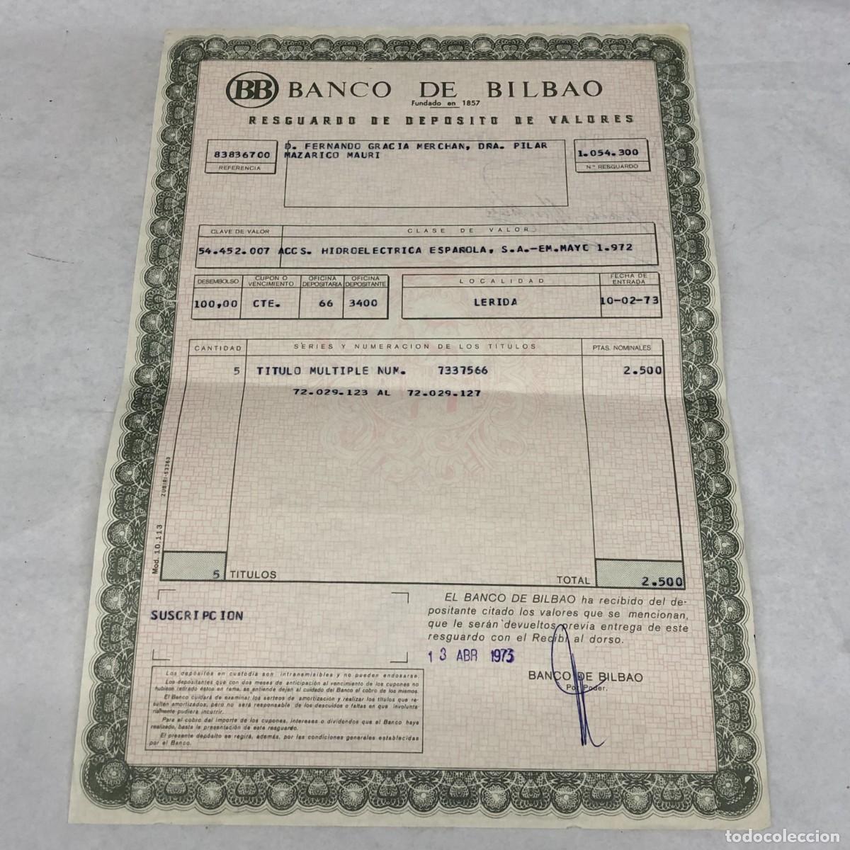 Documentos bancarios: DEP&Oacute;SITO TRANSMISIBLE DE VALORES - BANCO DE BILBAO - HIDROELECTRICA ESPA&Ntilde;OLA - LERIDA, 1973 / 1133