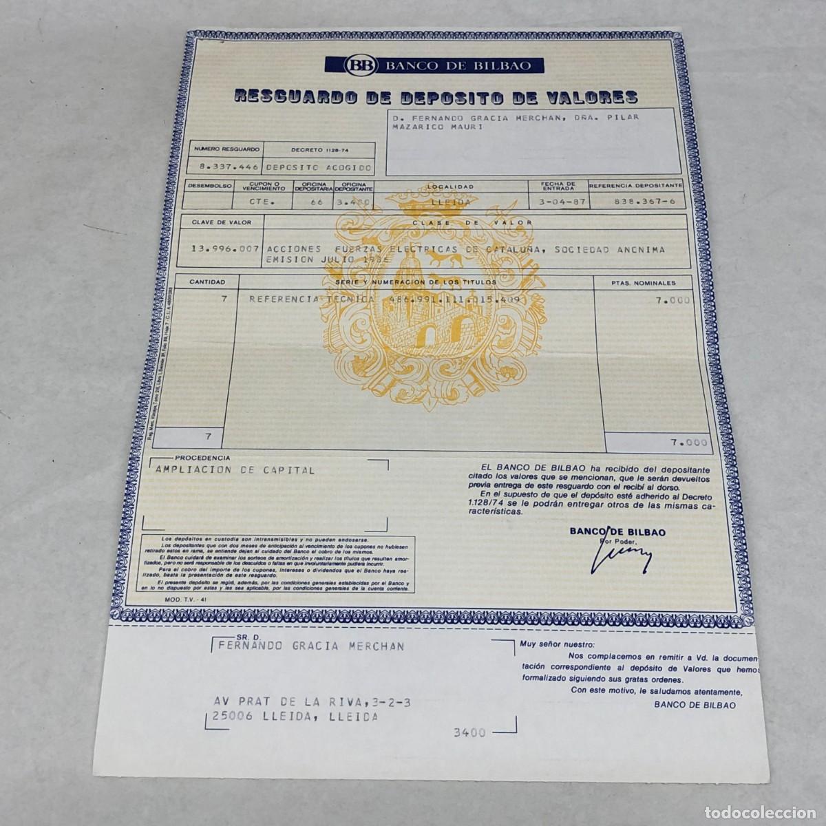 Documentos bancarios: RESGUARDO DE DEPOSITO DE VALORES - ACCIONES FUERZAS ELECTRICAS DE CATALU&Ntilde;A - LLEIDA, 1987 / 1135