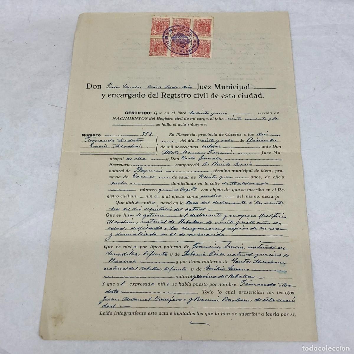 Documentos bancarios: CERTIFICADO DE NACIMIENTO - REGISTRO CIVIL PLASENCIA - JUEZ MUNICIPAL - 1914 / 1137