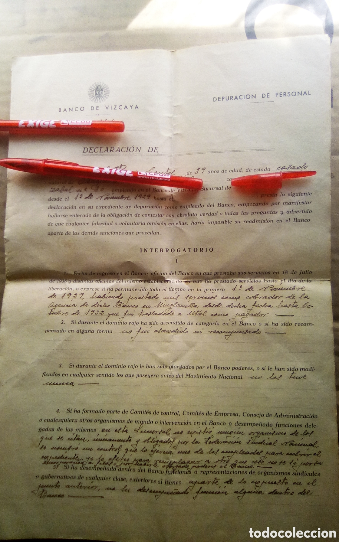 Documentos bancarios: Declaraci&oacute;n de depuraci&oacute;n objeto readmisi&oacute;n en el Banco de Vizcaya una vez terminada la Guerra Civil