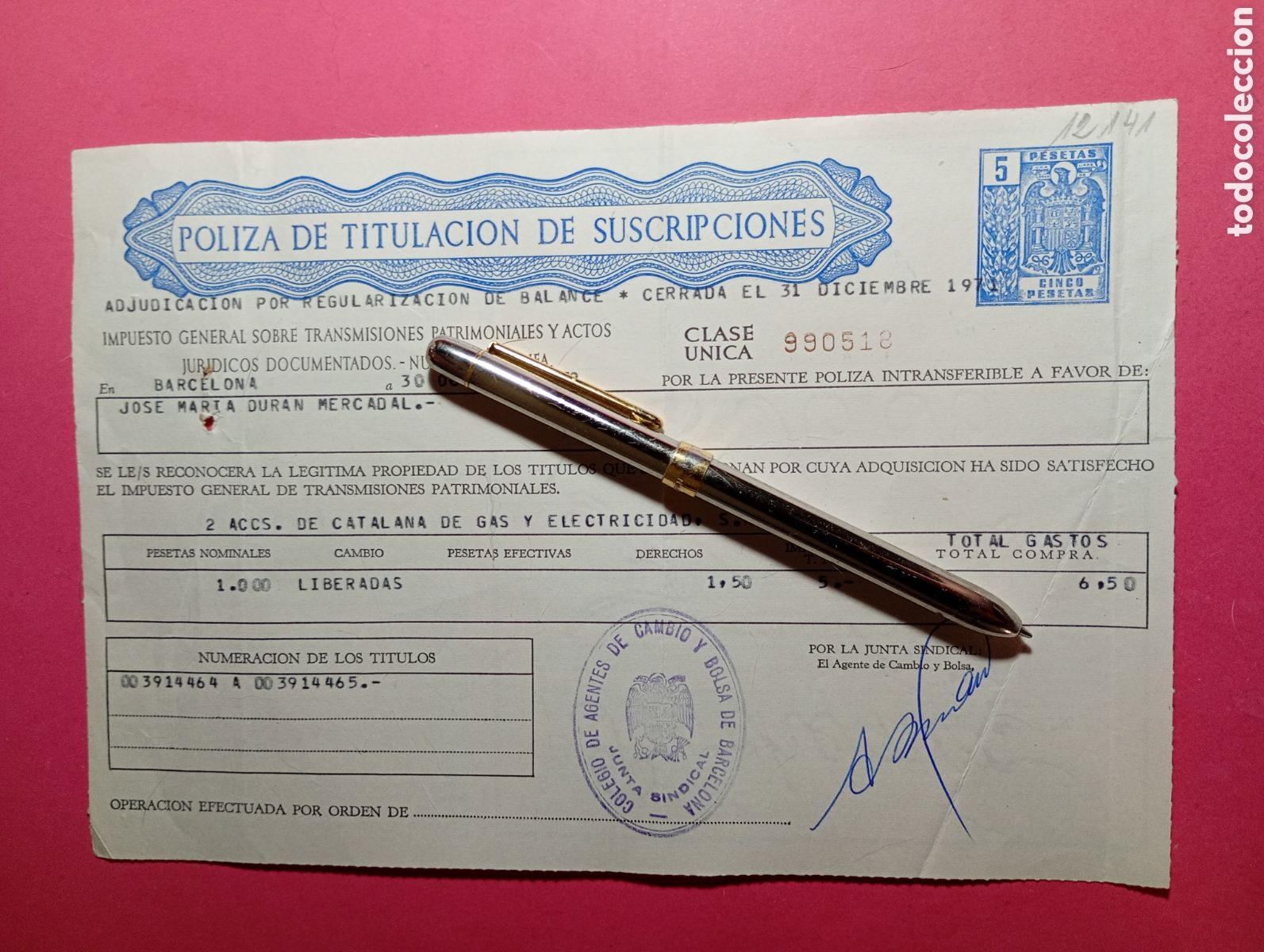 Documentos bancarios: POLIZA TITULACI&Oacute;N SUSCRIPCIONES CATALANA GAS Y ELECTRICIDAD + RESGUARDO VALORES BANCO DE SANTANDER