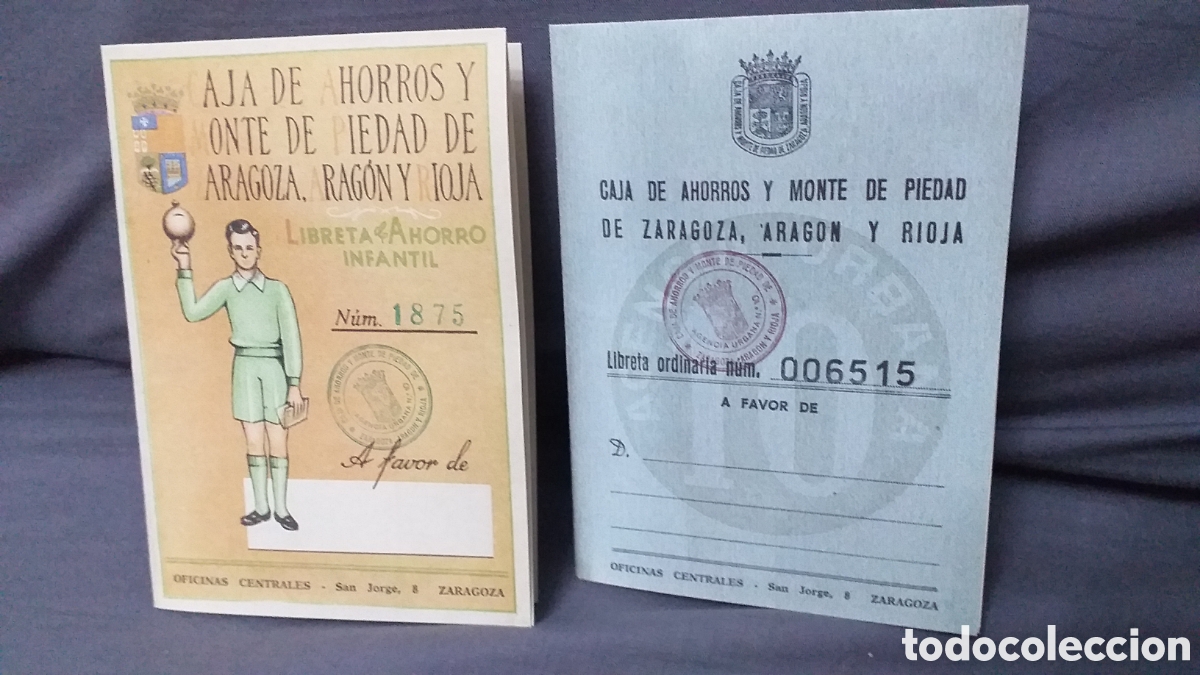 Documentos bancarios: 2 r&eacute;plicas de libreta infantil. Caja de Ahorros y Monte de Piedad de Zaragoza, Arag&oacute;n y Rioja.