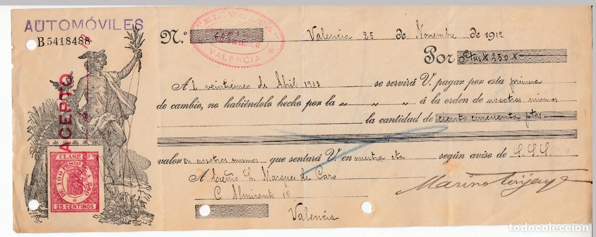 Documentos bancarios: 1912 LETRA CAMBIO CLASE 15&ordf; 25 CTS SERIE DE 1904. 19__. EL VOLTA VALENCIA