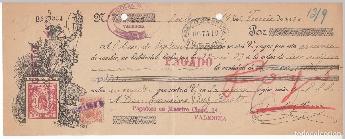 Documentos bancarios: 1920 LETRA CAMBIO CLASE 5&ordf; 5 PTS SERIE DE 1919. NICOLAS G CARO VALENCIA