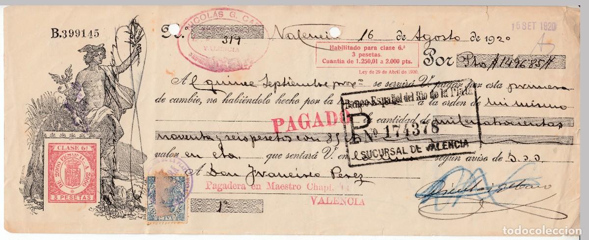Documentos bancarios: 1920 LETRA CAMBIO CLASE 6&ordf; 3 PTS SERIE 1919 HABILITADA LEY 29 ABRIL 1920. NICOLAS G CARO VALENCIA