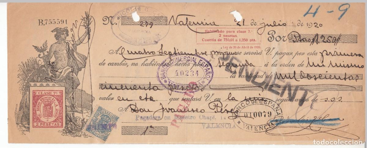 Documentos bancarios: 1920 LETRA CAMBIO CLASE 7&ordf; 2 PTS SERIE 1919 HABILITADA LEY 29 ABRIL 1920. NICOLAS G CARO VALENCIA