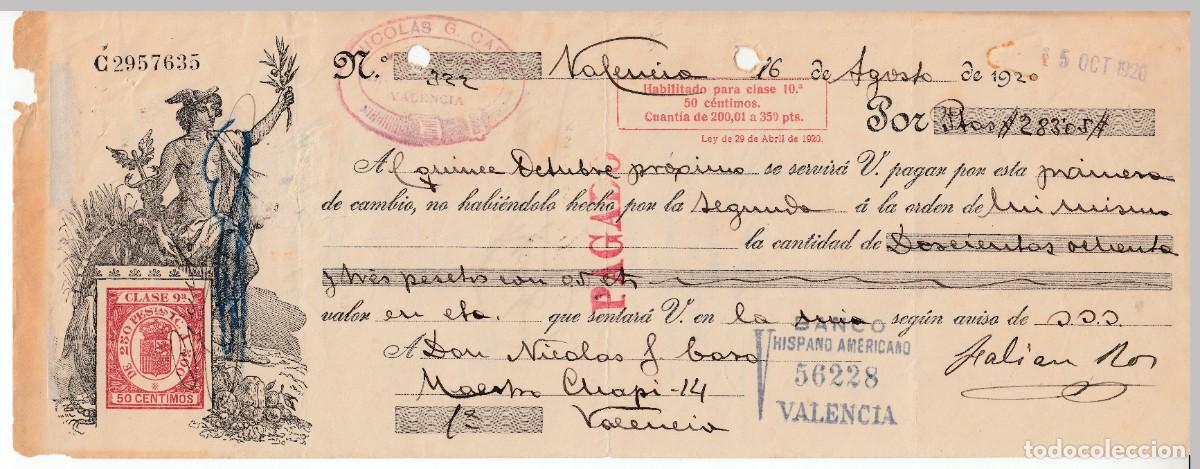Documentos bancarios: 1920 LETRA CAMBIO CLASE 9&ordf; 50 CTS SERIE 1919 HABILITADA LEY 29 ABRIL 1920. NICOLAS G CARO VALENCIA
