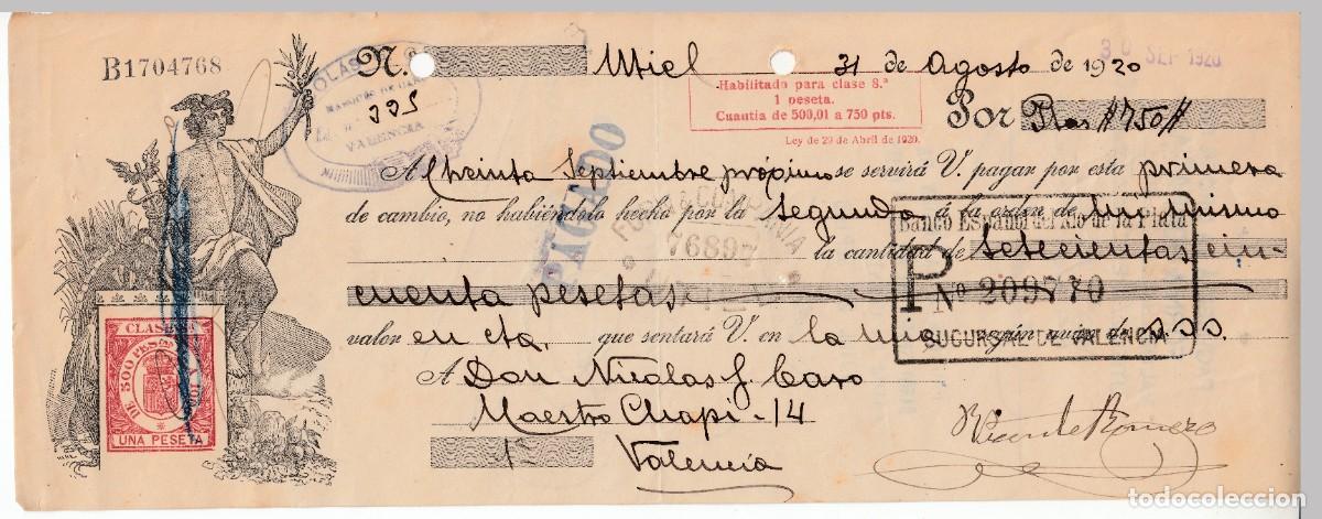 Documentos bancarios: 1920 LETRA CAMBIO CLASE 8&ordf; UNA PTS SERIE 1919 HABILITADA LEY 29 ABRIL 1920. NICOLAS G CARO VALENCIA