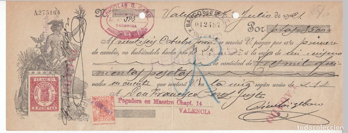 Documentos bancarios: 1921 LETRA CAMBIO CLASE 5&ordf; 5 PTS SERIE 1920-21. NICOLAS G CARO VALENCIA