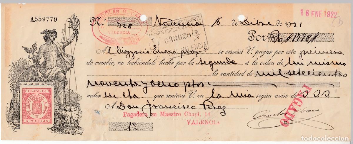 Documentos bancarios: 1921 LETRA CAMBIO CLASE 6&ordf; 3 PTS SERIE 1920-21. NICOLAS G CARO VALENCIA