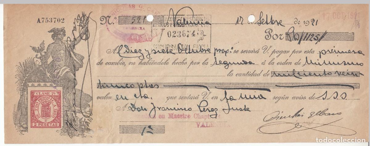 Documentos bancarios: 1921 LETRA CAMBIO CLASE 7&ordf; 2 PTS SERIE 1920-21. NICOLAS G CARO VALENCIA