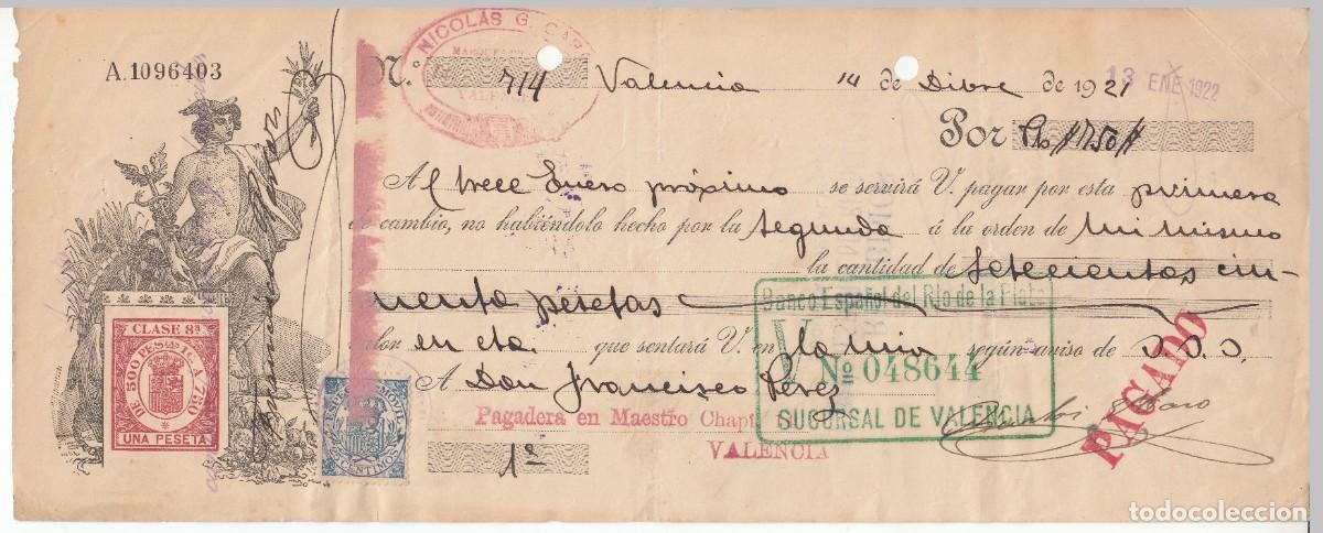 Documentos bancarios: 1921 LETRA CAMBIO CLASE 8&ordf; UNA PTS SERIE 1920-21. NICOLAS G CARO VALENCIA