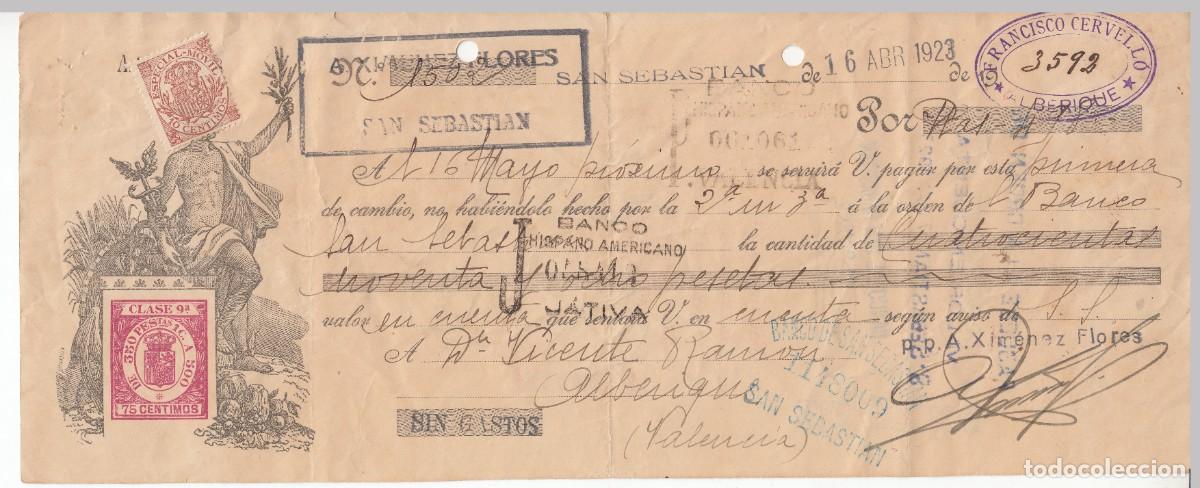 Documentos bancarios: 1923 LETRA CAMBIO CLASE 9&ordf; 75 CTS SERIE 1920-21. A XIMENEZ FLORES SAN SEBASTIAN, FRANCISCO CERVELLO
