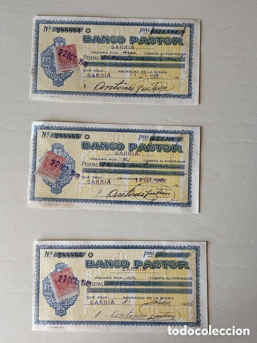 Documentos bancarios: Lote 3 cheques correlativos Banco Pastor 1948