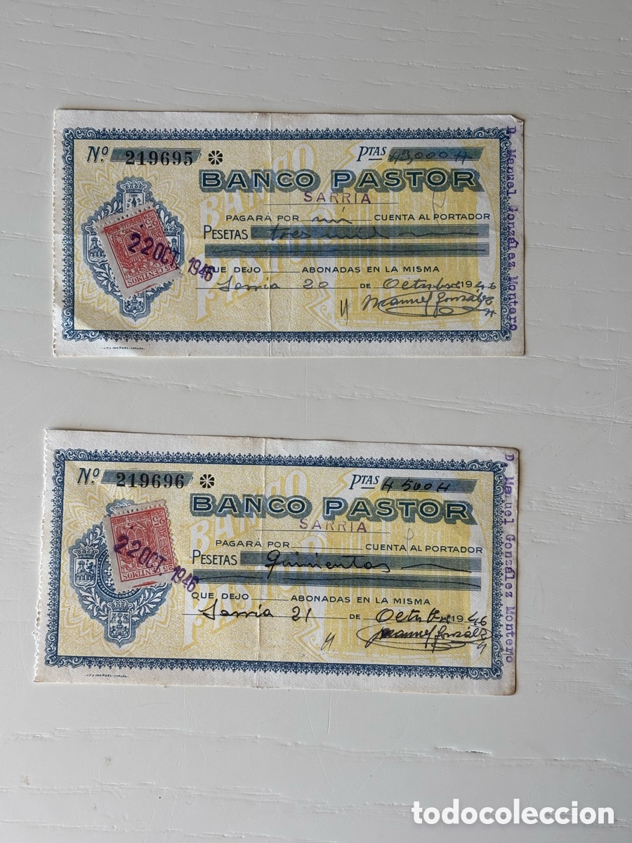 Documentos bancarios: Pareja cheques correlativos Banco Pastor 1946