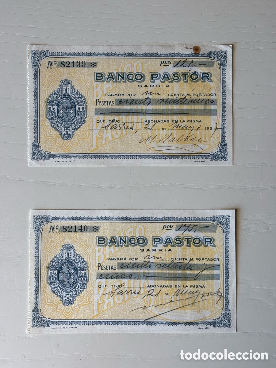 Documentos bancarios: Pareja de cheques correlativos Banco Pastor 1936 y 1937