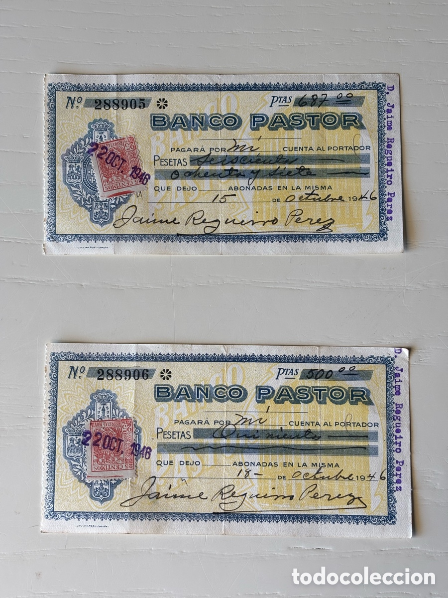 Documentos bancarios: Pareja cheques correlativos Banco Pastor 1946