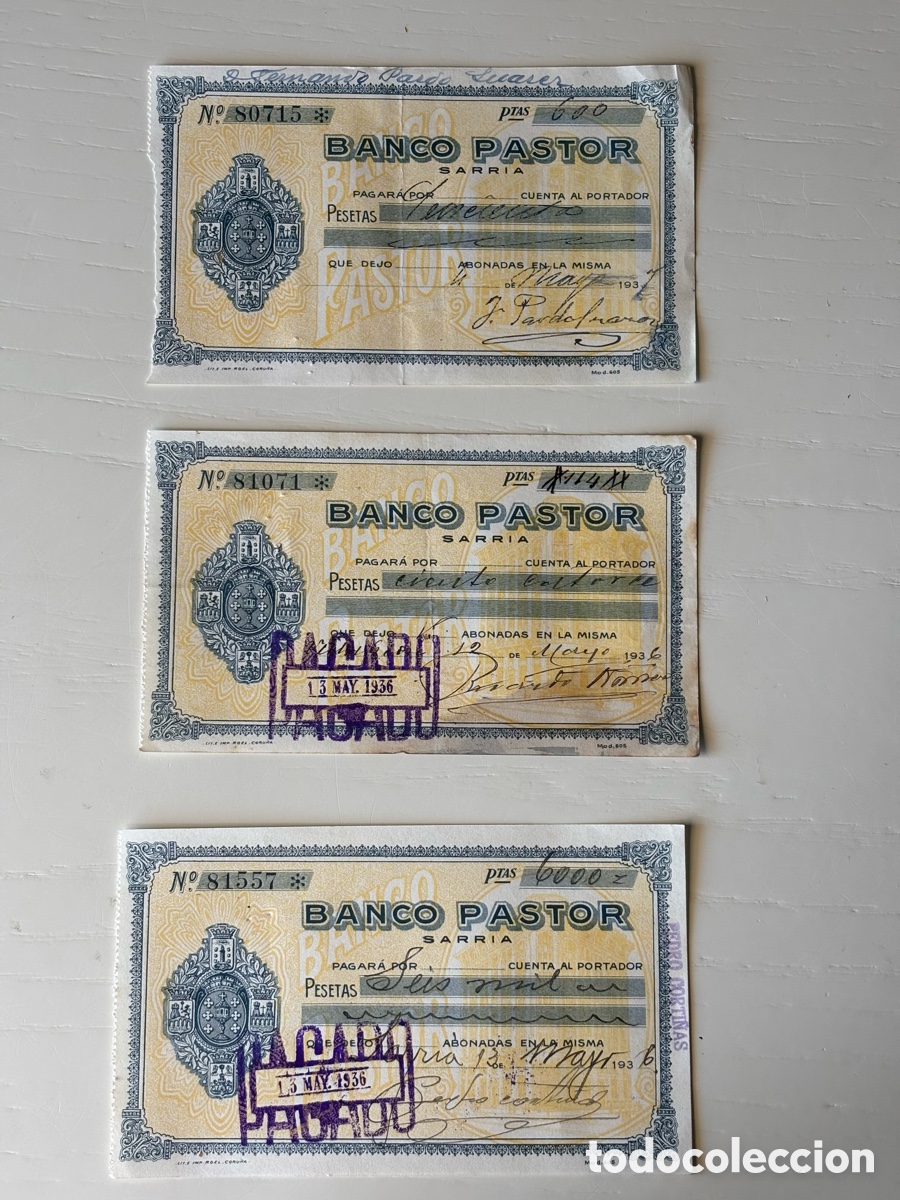Documentos bancarios: Tr&iacute;o cheques Banco Pastor 1936 y 1937 - Foto 1