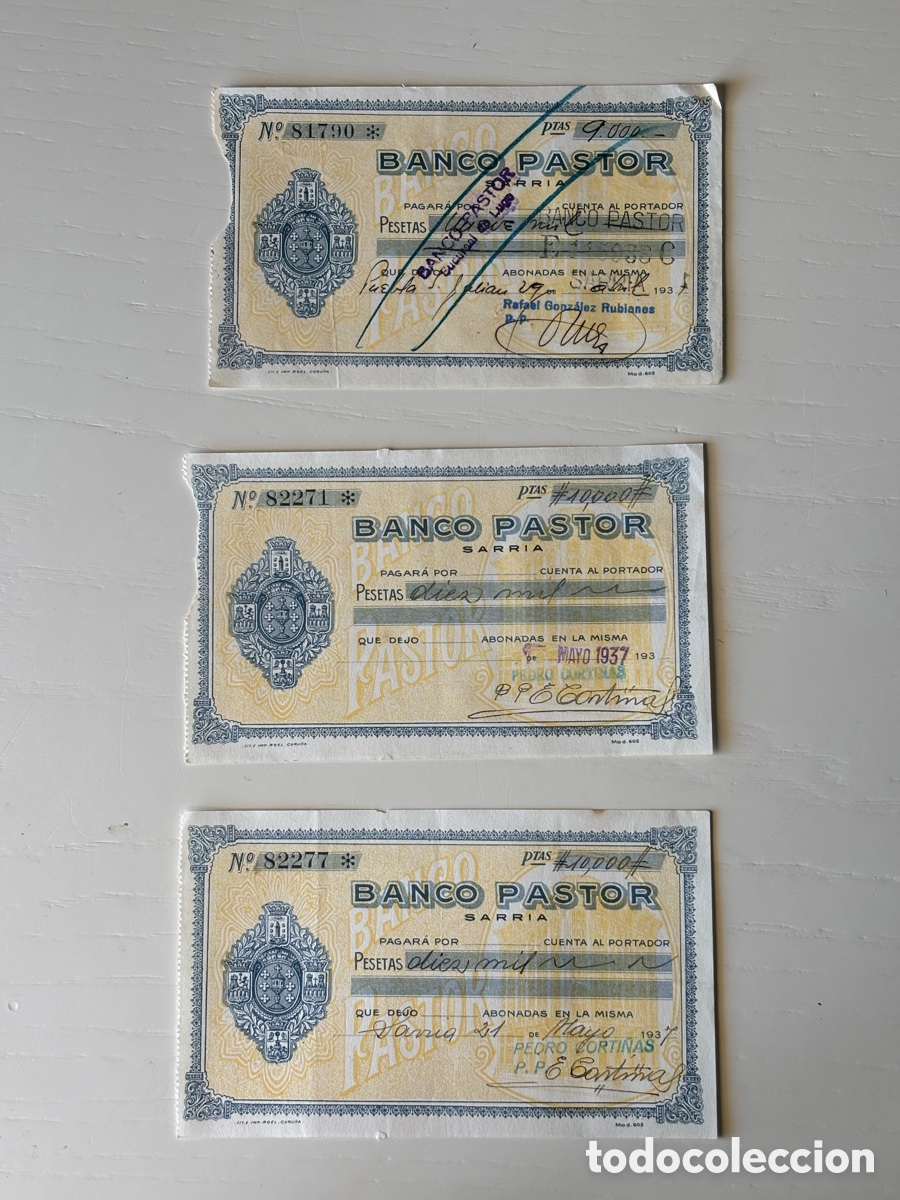 Documentos bancarios: Tr&iacute;o cheques Banco Pastor 1937 - Foto 1
