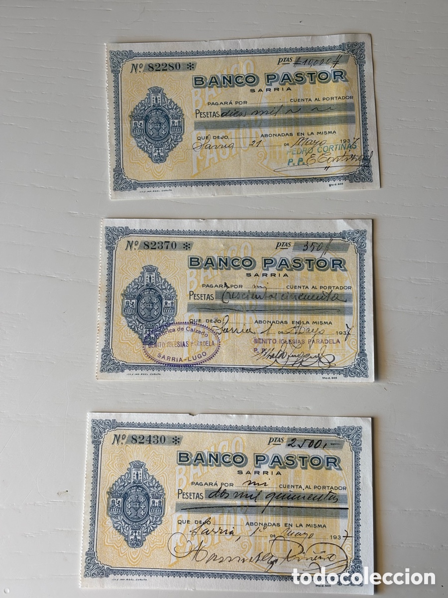 Documentos bancarios: Tr&iacute;o cheques Banco Pastor 1937 - Foto 1