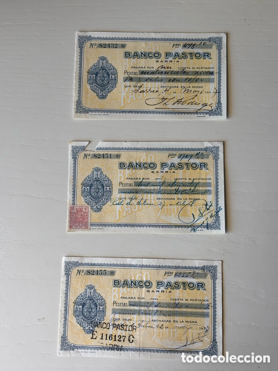 Documentos bancarios: Tr&iacute;o cheques Banco Pastor 1937 - Foto 1