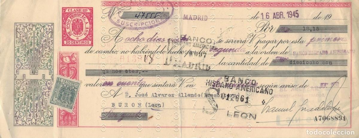 Documentos bancarios: RIA&Ntilde;O LEON DIARIO EL ALCAZAR 1945 LETRA DE CAMBIO B50
