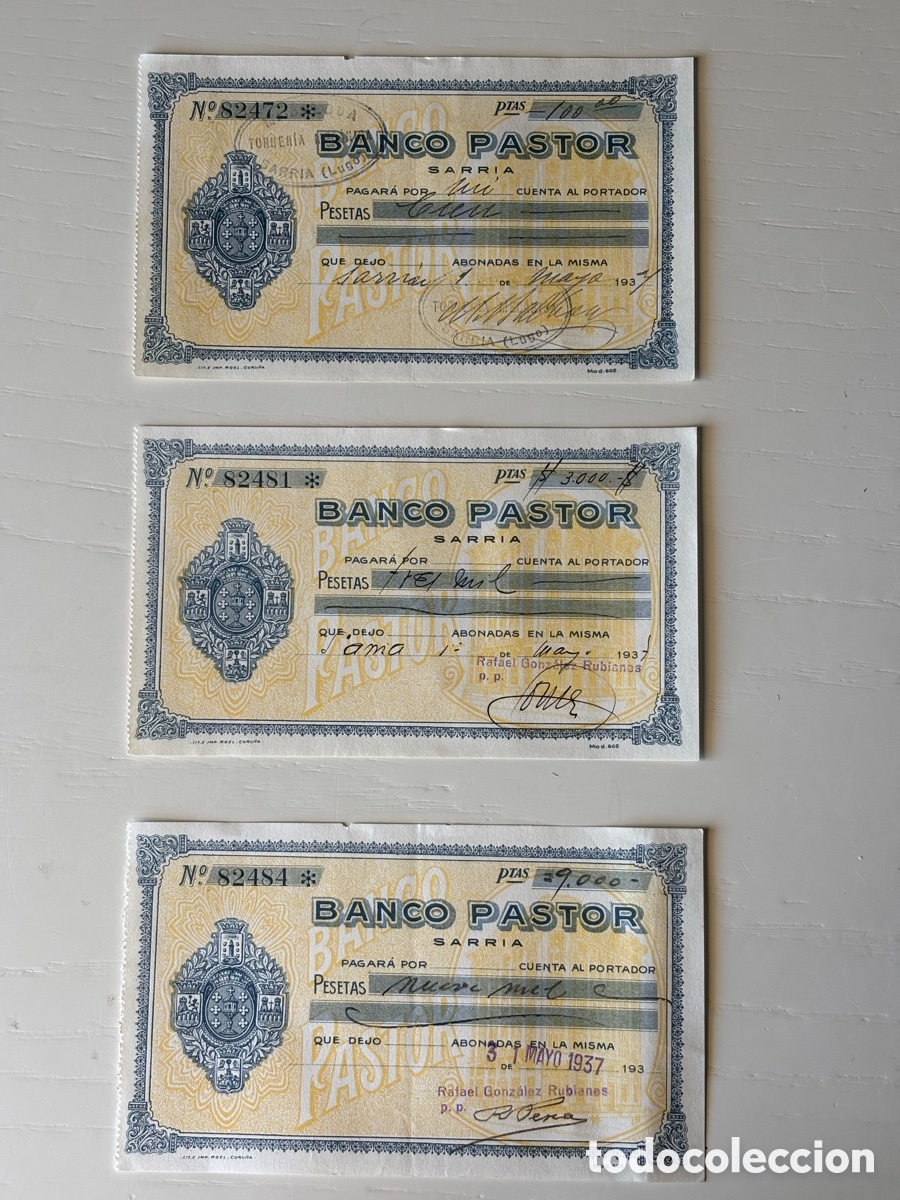 Documentos bancarios: Tr&iacute;o cheques Banco Pastor 1937 - Foto 1