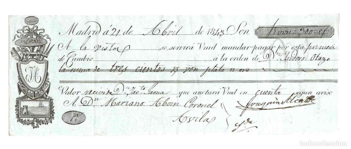 Documentos bancarios: LETRA DE CAMBIO MADRID. 21 DE ABRIL DE 1843 - Foto 1